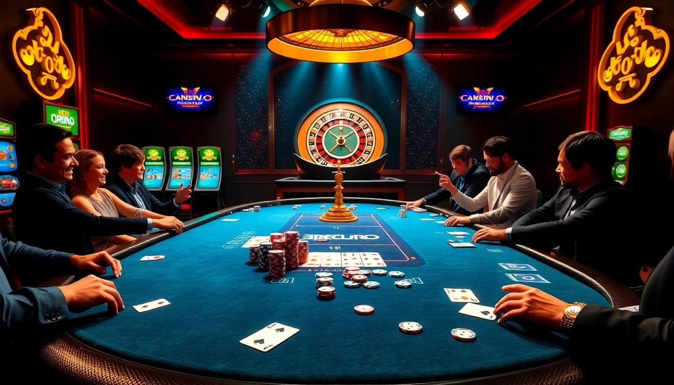 Players engaged in a thrilling poker game at https://mm88.moe/, showcasing excitement and professional casino ambiance.
