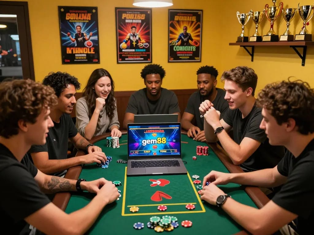 Friends enjoying a thrilling live casino game from gem88 in a lively room filled with gaming accessories.