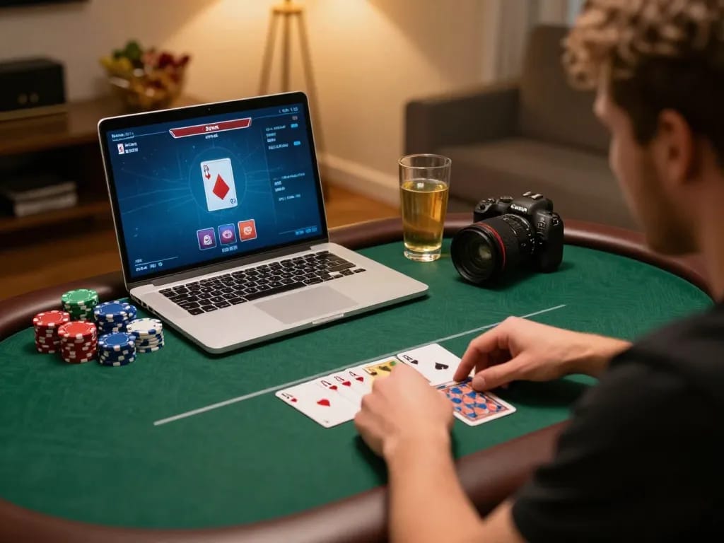 Player enjoying an intense poker game on luckywin platform with focused strategy in home environment.