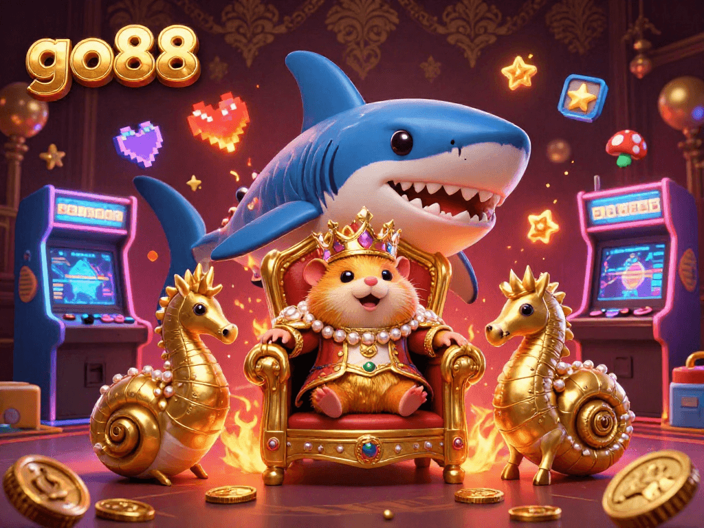 Engage with go88's vivid 3D illustration showcasing a golden hamster king in a casino-themed realm.
