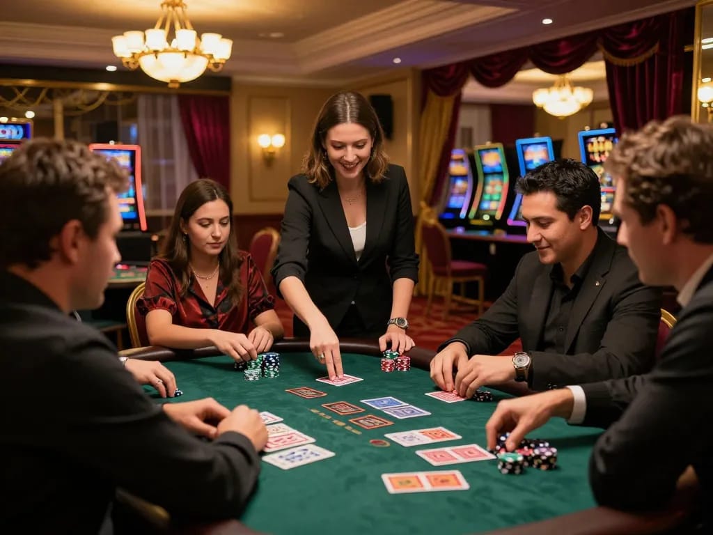 Players strategizing at a blackjack table at https://da88at.com/, showcasing an engaging casino experience