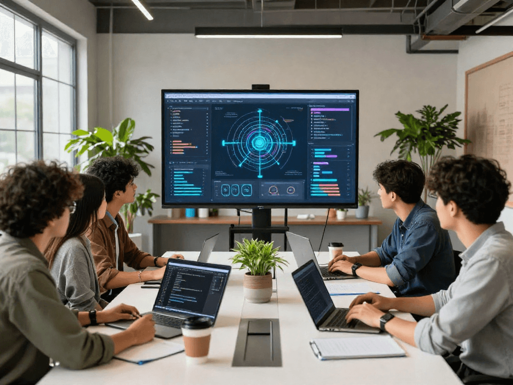 Team collaborating in an innovative AI development studio highlighting ia +18 advancements and diverse engineers.