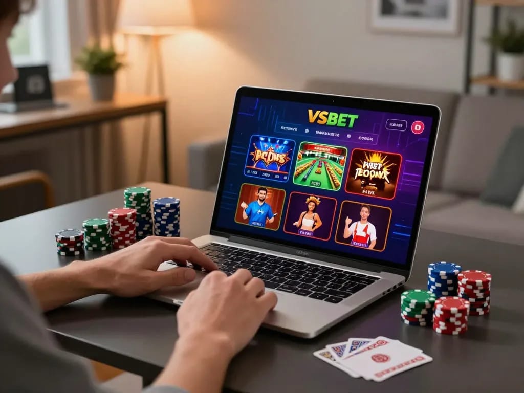Vsbet user enjoying online gambling experience with vibrant games and stylish setup.