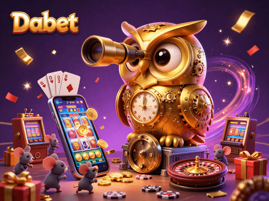 Dabet presents a vibrant 3D casino scene featuring a golden owl and mouse patrons among slot machines and gaming elements.