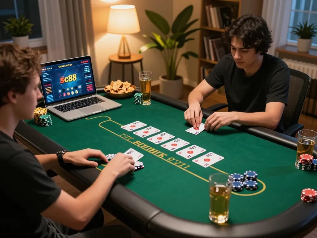 Engaging moment in online gaming with Game sc88 poker interface displayed on laptop, cozy home atmosphere