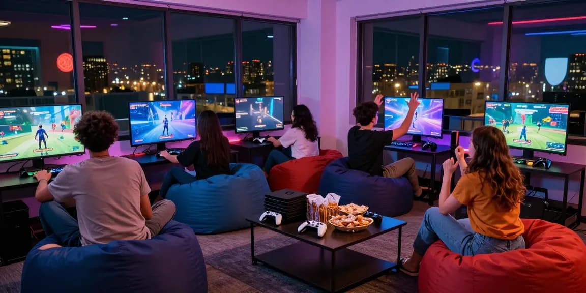 Friends enjoying game sex together in a vibrant gaming room.