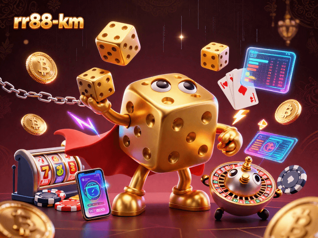 Engage in thrilling gaming experiences with rr88-km’s vibrant 3D animated casino scene featuring golden dice and cryptocurrencies.