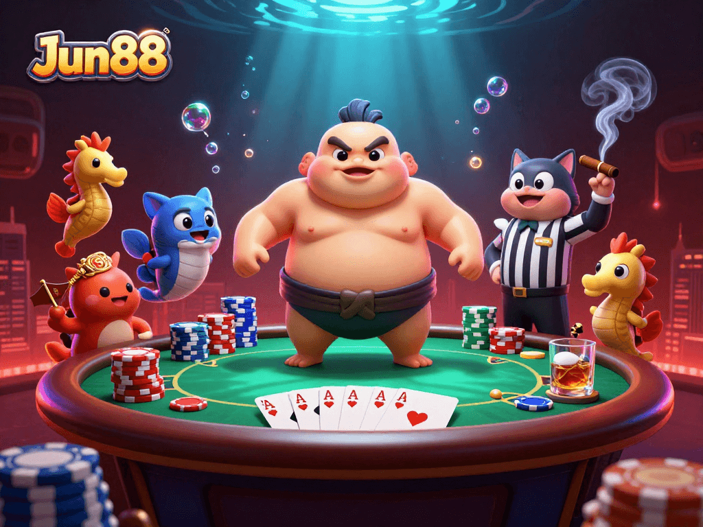 Engage with Jun88 and win at poker surrounded by cartoon characters in a lively underwater casino scene.