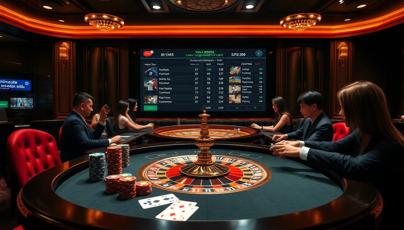 Experience exhilarating gaming action at https://luongsontv5.com/ with a vibrant casino atmosphere highlighting roulette and poker.