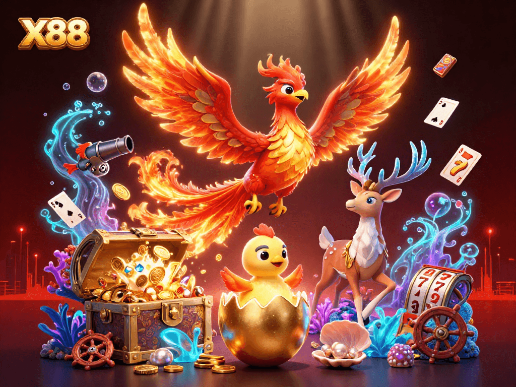 Winning strategies at X88 showcased in vibrant casino-themed 3D illustration with dynamic elements.