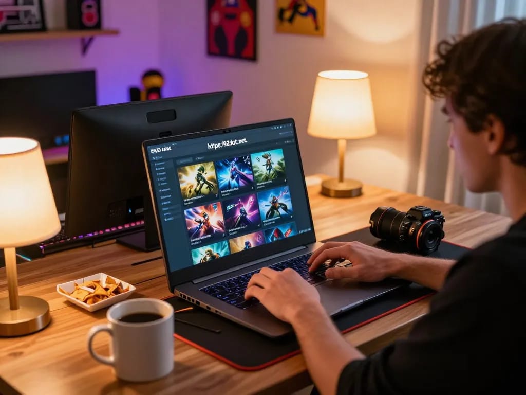 Player enjoying online gaming at https://92slot.net/ with laptop and snacks during an evening session