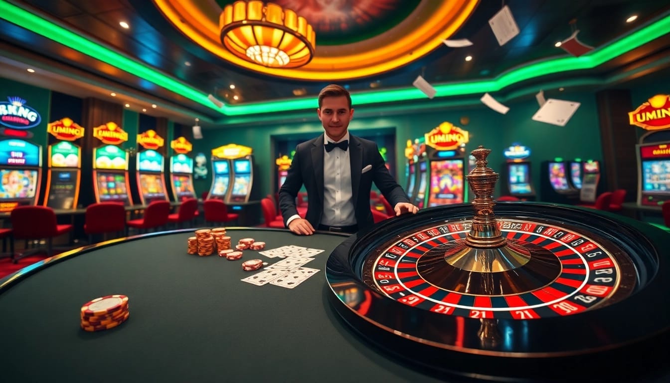 Play poker at a luxurious 79KING casino, featuring vibrant tables, cards, and chips.