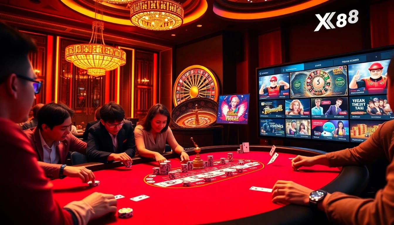 Experience the excitement at Nhà cái X88 with vibrant casino scenes featuring thrilling poker and roulette.