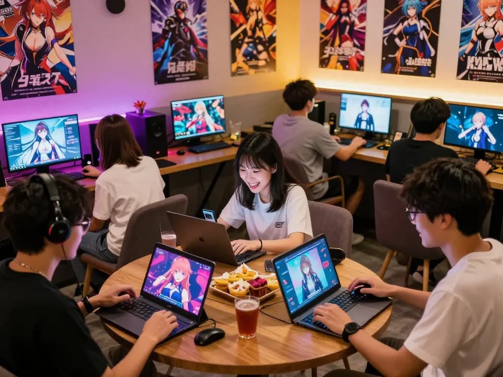 Players enjoying immersive porn games on devices in a lively gaming environment.