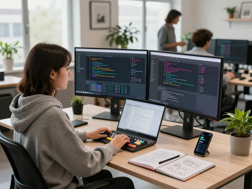 Developer utilizing the moltbot AI assistant in a modern tech workspace, showcasing dual monitors with colorful code and automation tools.