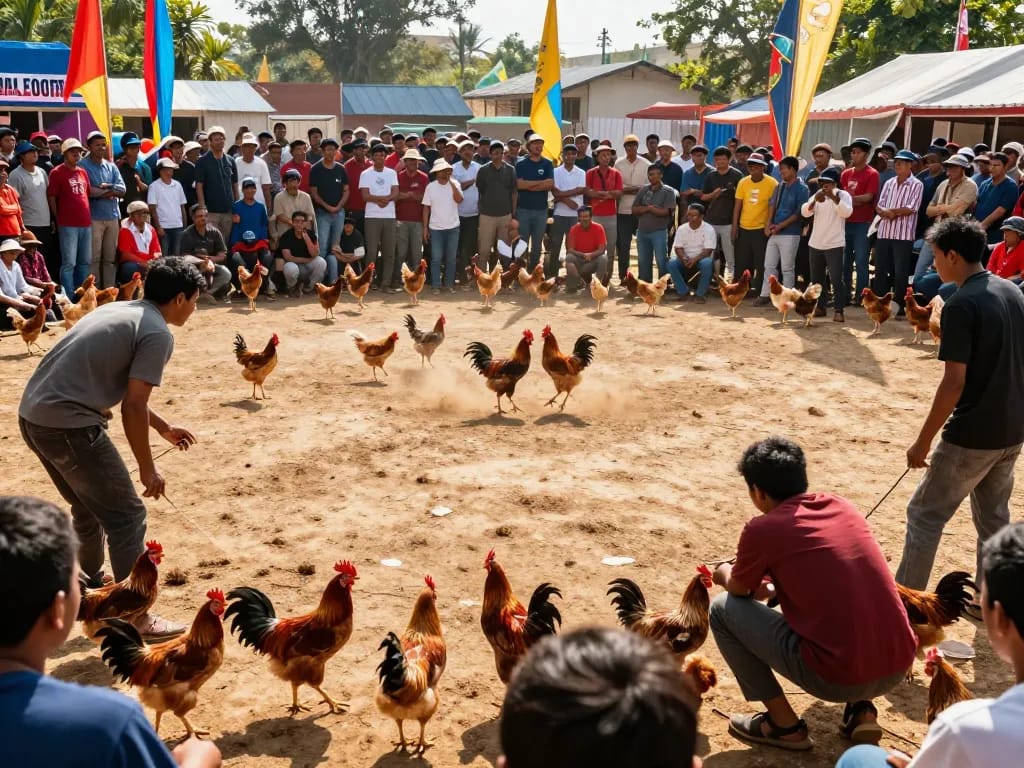 Xem đá gà trong cuộc thi Thomo với bầu không khí sôi động và khán giả nhiệt tình.