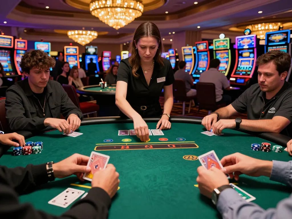 Players strategizing at the blackjack table in a vibrant casino, highlighting https://tip88.locker/ action.