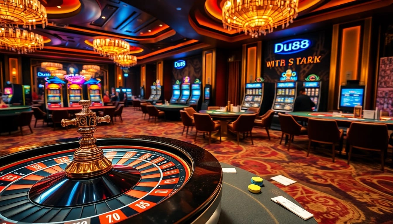 Experience the thrill of casino gambling with Du88-inspired vibrant roulette and poker scene.