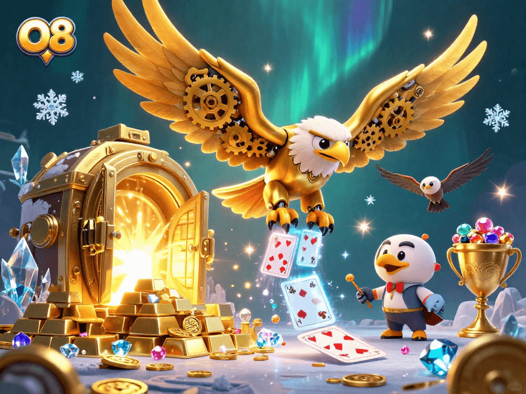 O8 dives into a dazzling 3D casino scene filled with treasures and holographic cards.