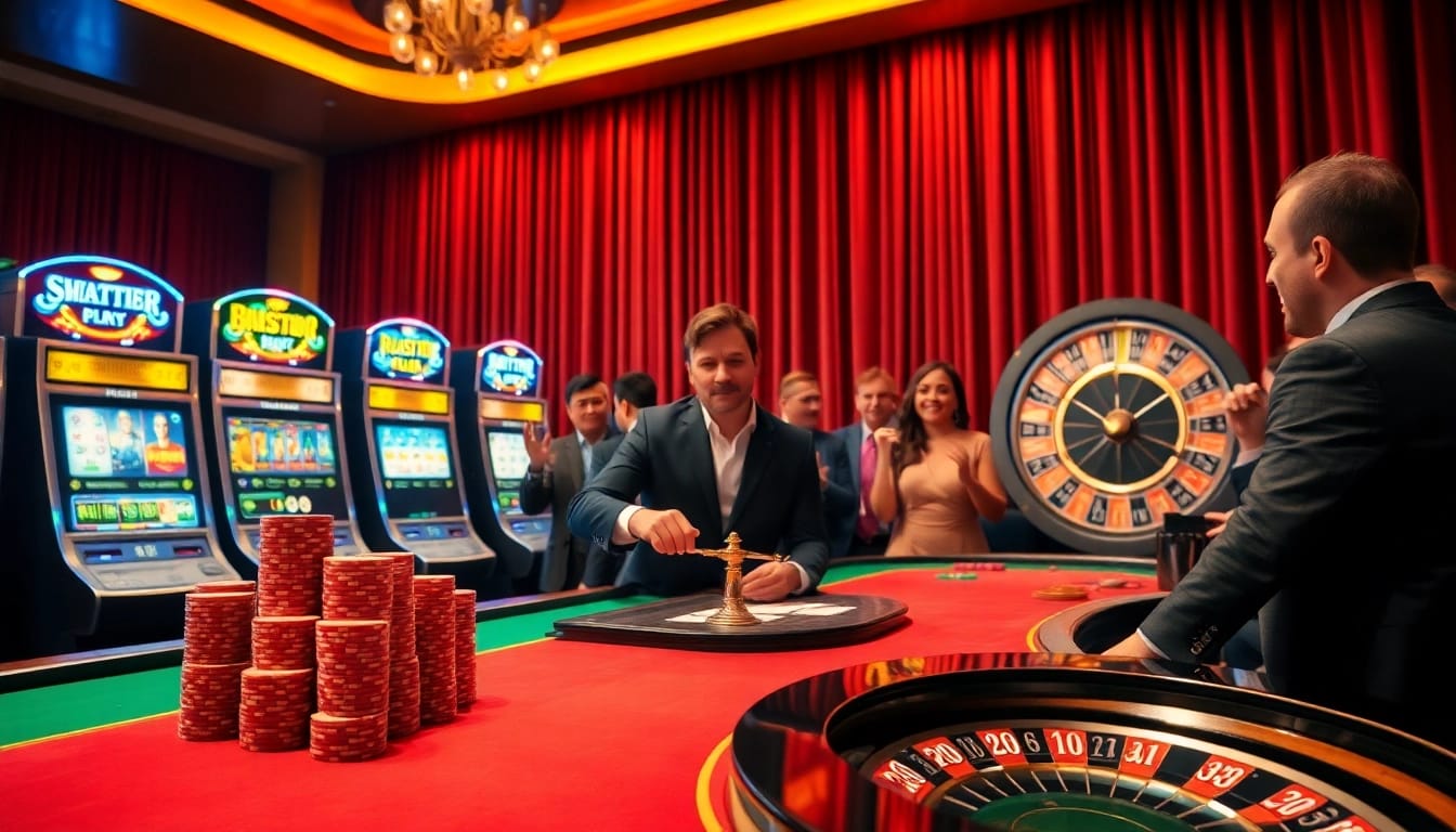 Players enjoying exciting games at https://789b.one/, featuring vibrant tables and dazzling slot machines.