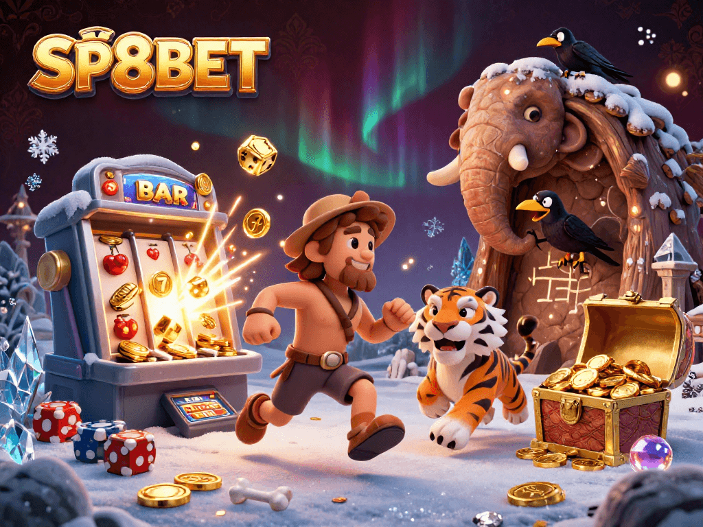 Experience the exciting world of SP8BET with a vibrant prehistoric casino scene featuring a caveman and sabertooth tiger.