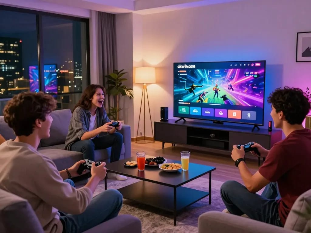 Friends enjoying a gaming night on okwin.com with a vibrant atmosphere and snacks.
