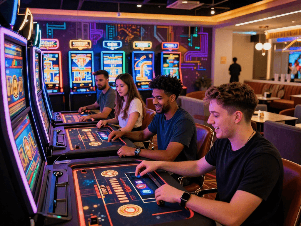 Exciting crypto casino scene with players engaged in digital gambling.