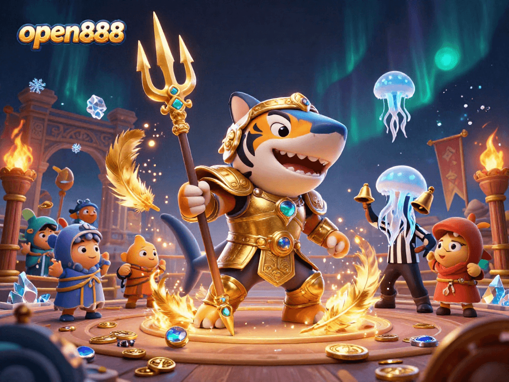 Engage with open888's thrilling underwater casino scene featuring a gladiator shark and vibrant elements.