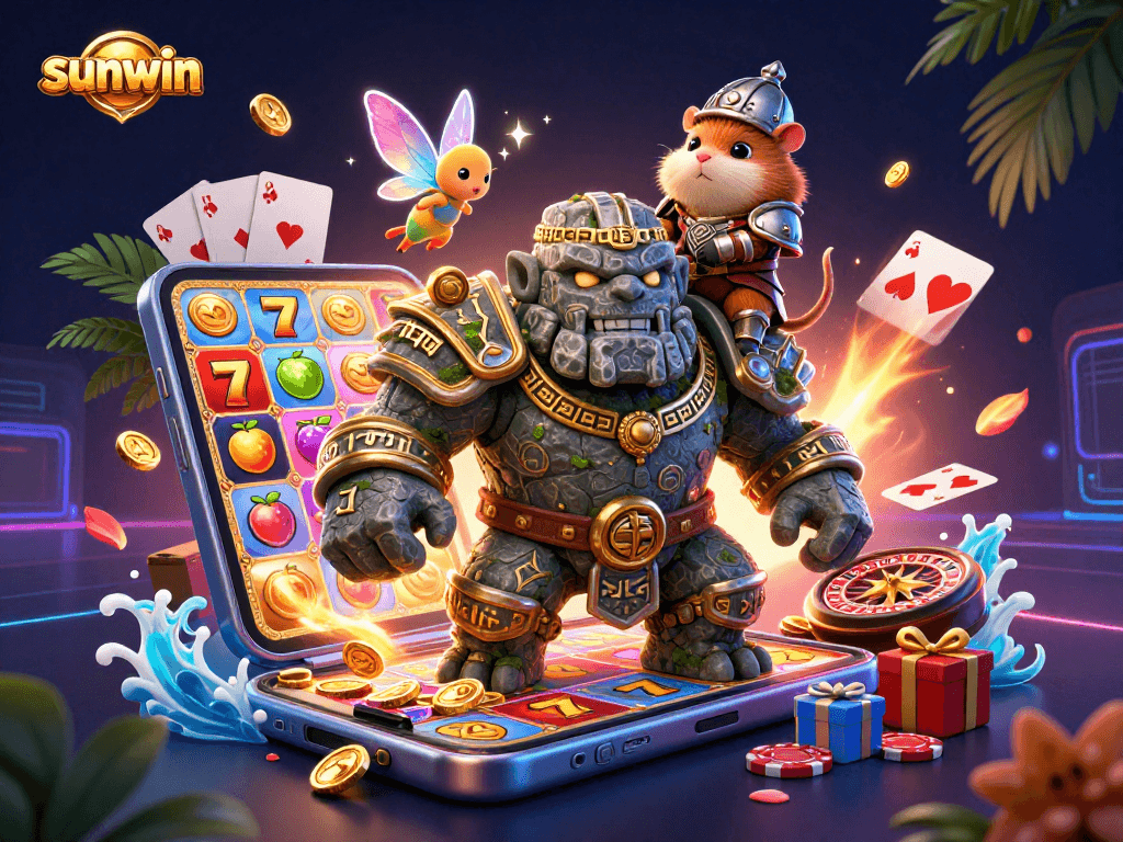 Experience sunwin with an engaging scene of a golem, fairy, and hamster knight amidst vibrant casino elements.