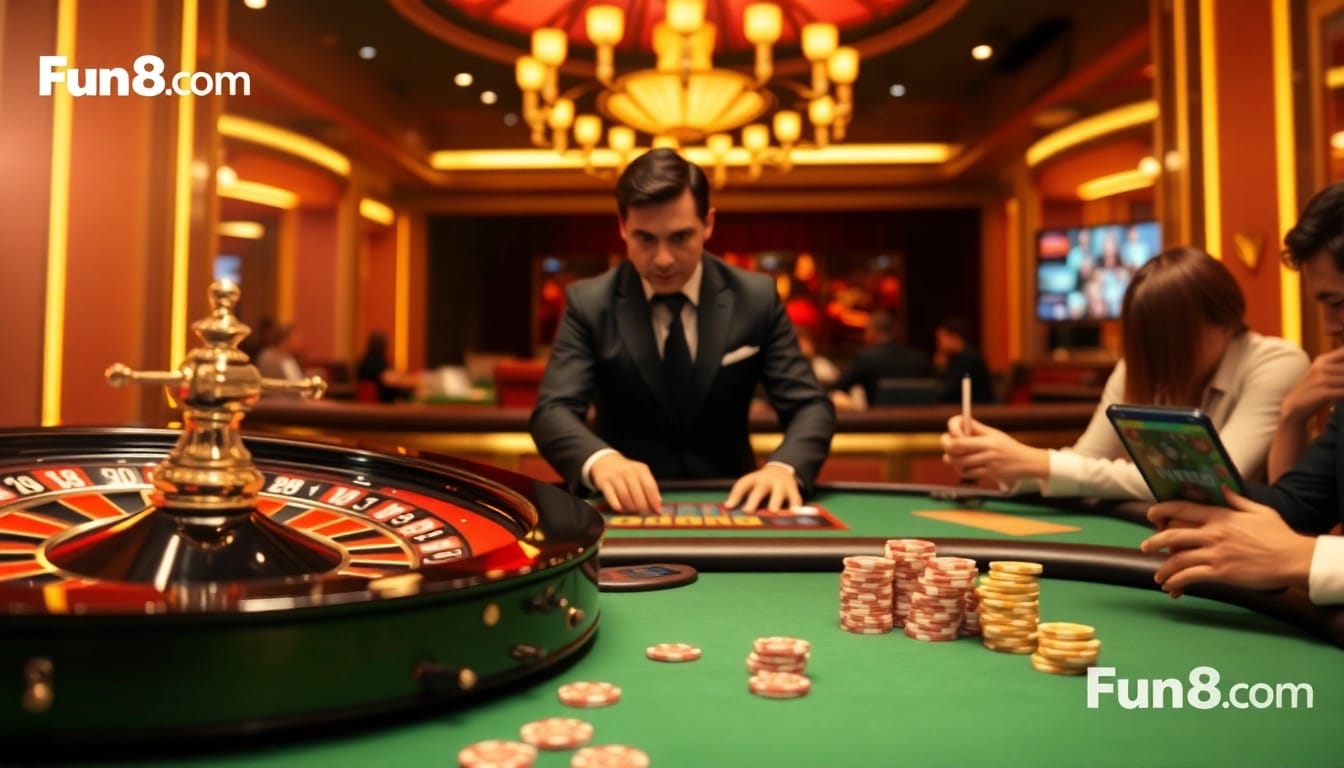Players enjoying a thrilling game at Fun88.com, featuring a luxurious casino atmosphere.