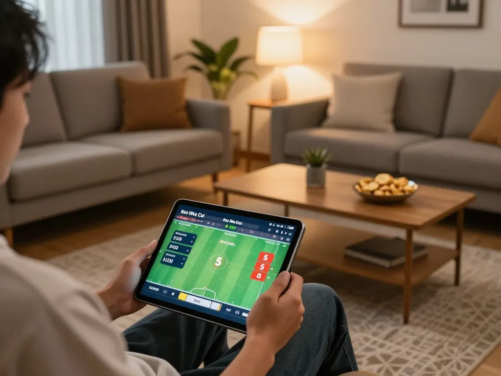 Person engaging in Keo Nha Cai 5 online betting on tablet in cozy home setting.