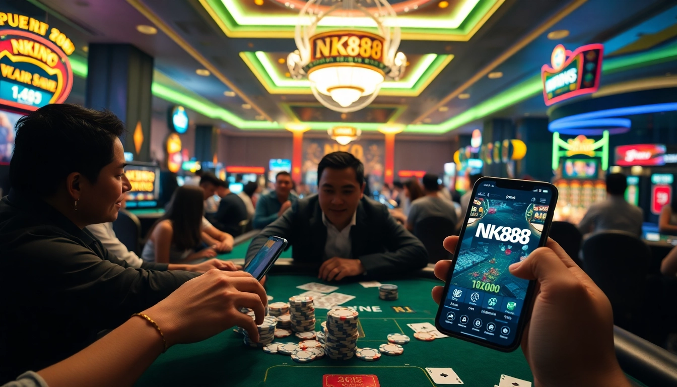 NK88 casino environment featuring players engaged in thrilling games, showcasing high-stakes poker and vibrant gaming atmosphere.