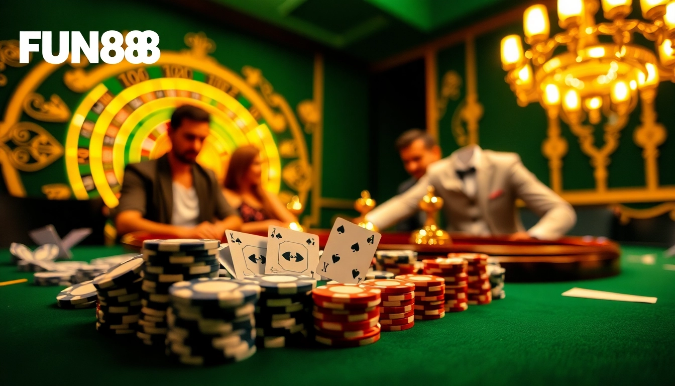 Players enjoying thrilling casino action at a FUN88-branded table, highlighting excitement.