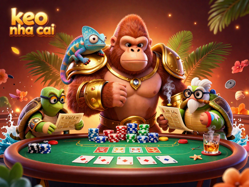 Engage in thrilling poker action with keo nha cai illustrated by a powerful gorilla king and wise tortoise.