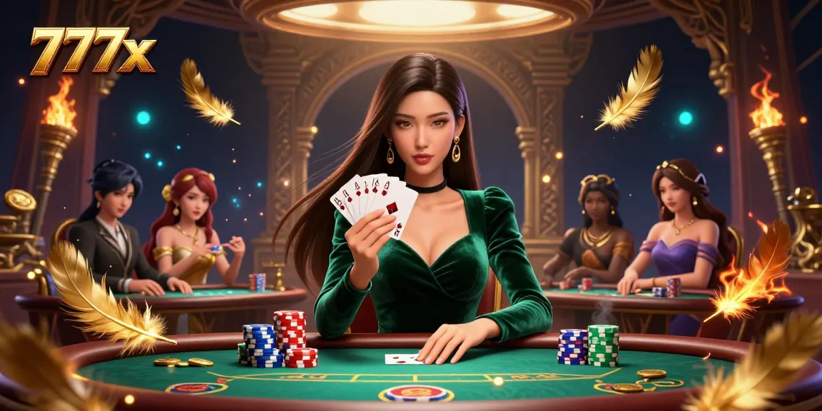 Experience the thrill of 777x poker with a beautiful Asian woman at a vibrant table.