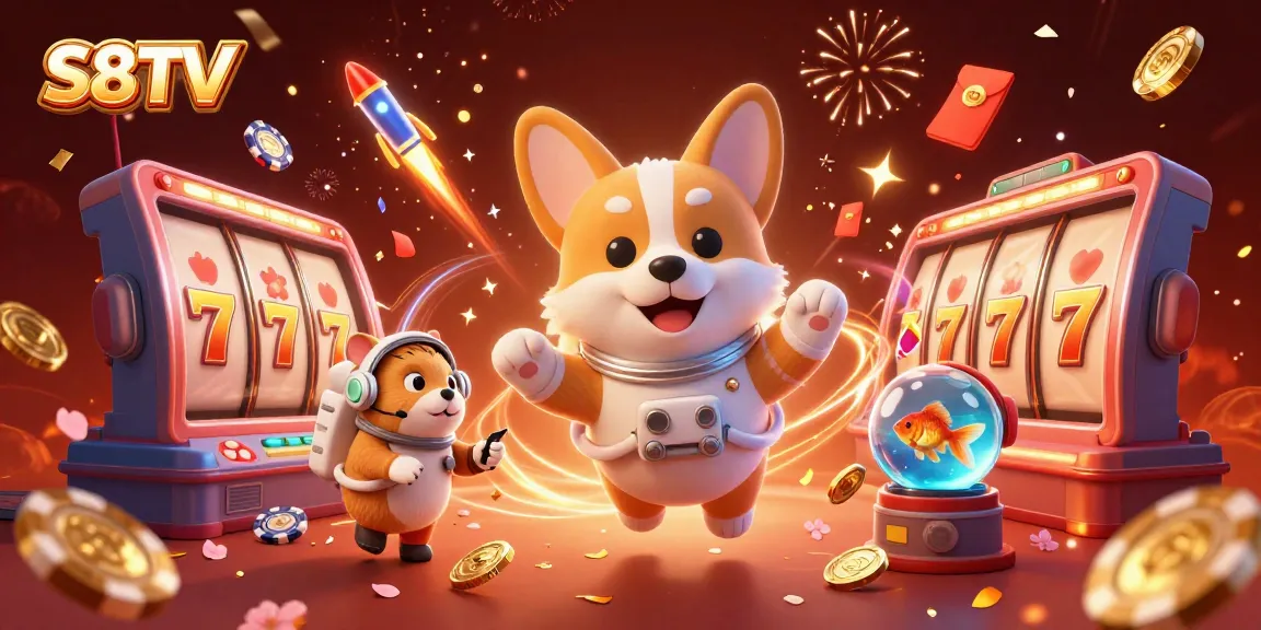 S8TV brings the thrill of slot games to life with a vibrant 3D illustration featuring playful characters.