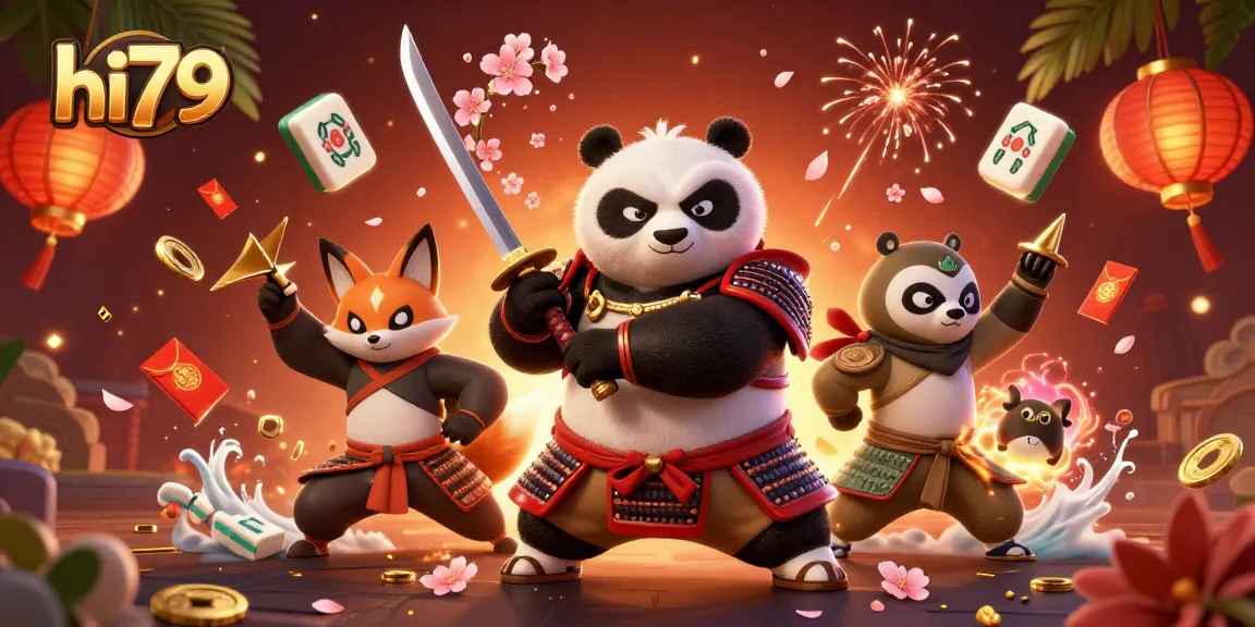 Experience thrilling gaming on hi79 with dynamic samurai panda and ninja fox amidst vibrant casino elements.