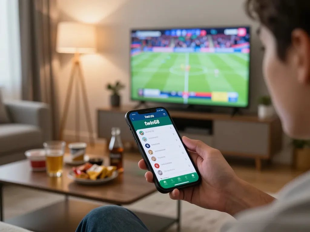 Engaging in sports betting on twin68 mobile app amidst a lively home setting with friends