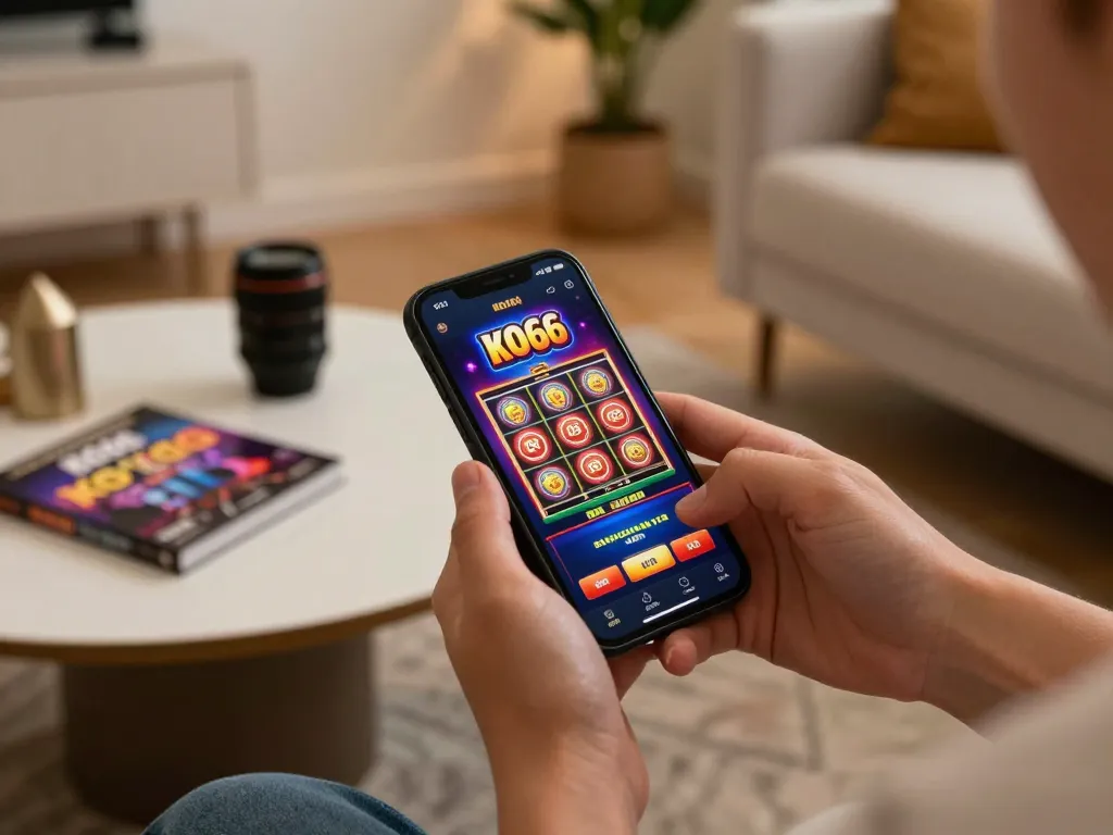 Trải nghiệm gameplay hấp dẫn trên ứng dụng KO66 với smartphone trong tay, thể hiện đồ họa casino sống động