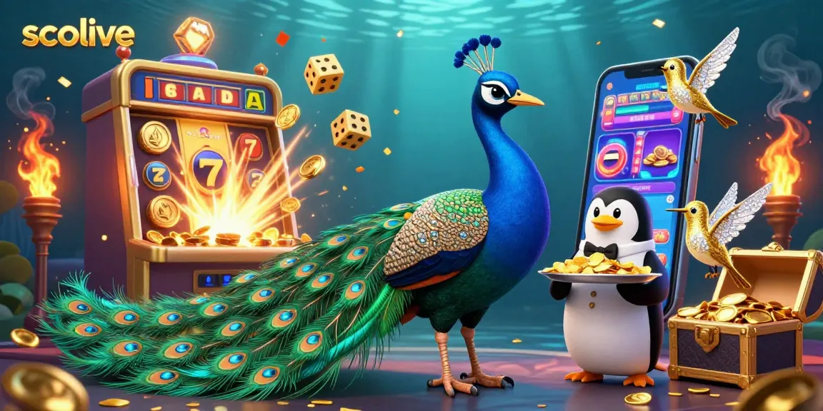 Experience the excitement of playing at Socolive with a lively scene featuring a peacock, butler penguin, and golden hummingbird amidst dynamic casino elements.