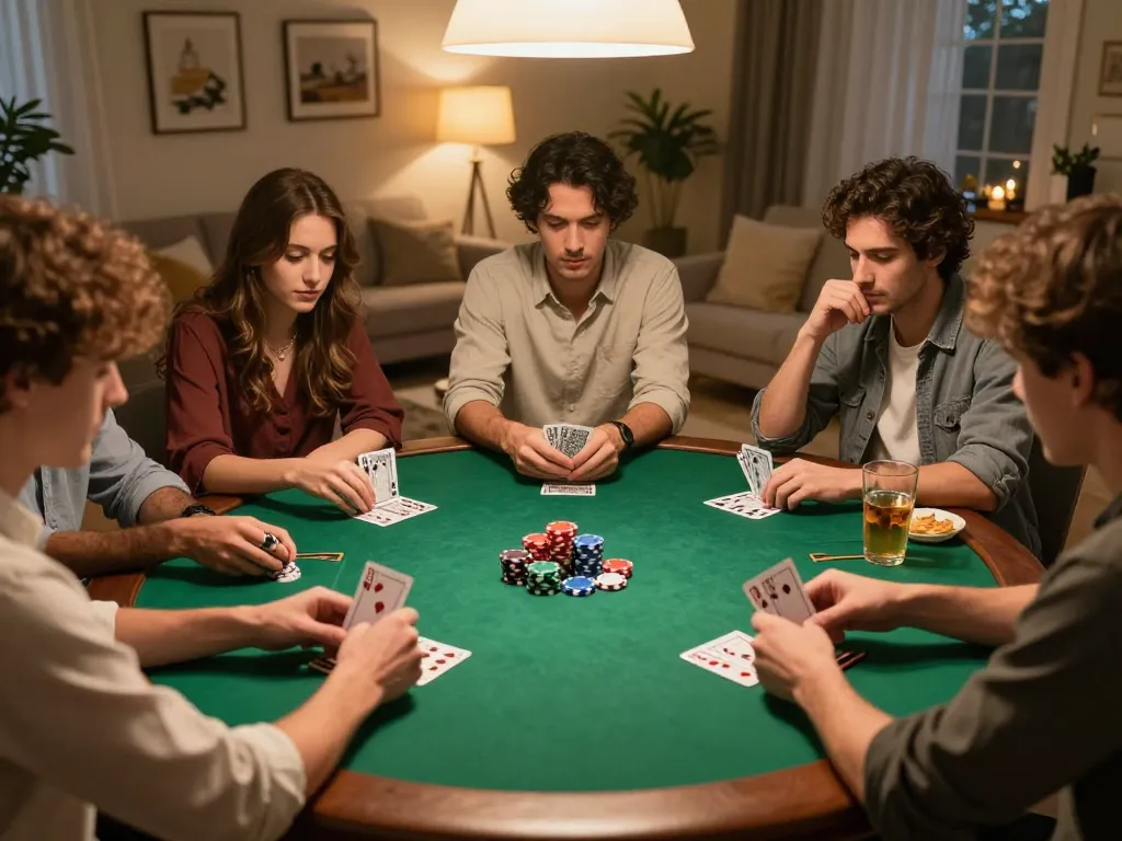 Fabet players engaged in a thrilling home poker game with vibrant chips and focused expressions.