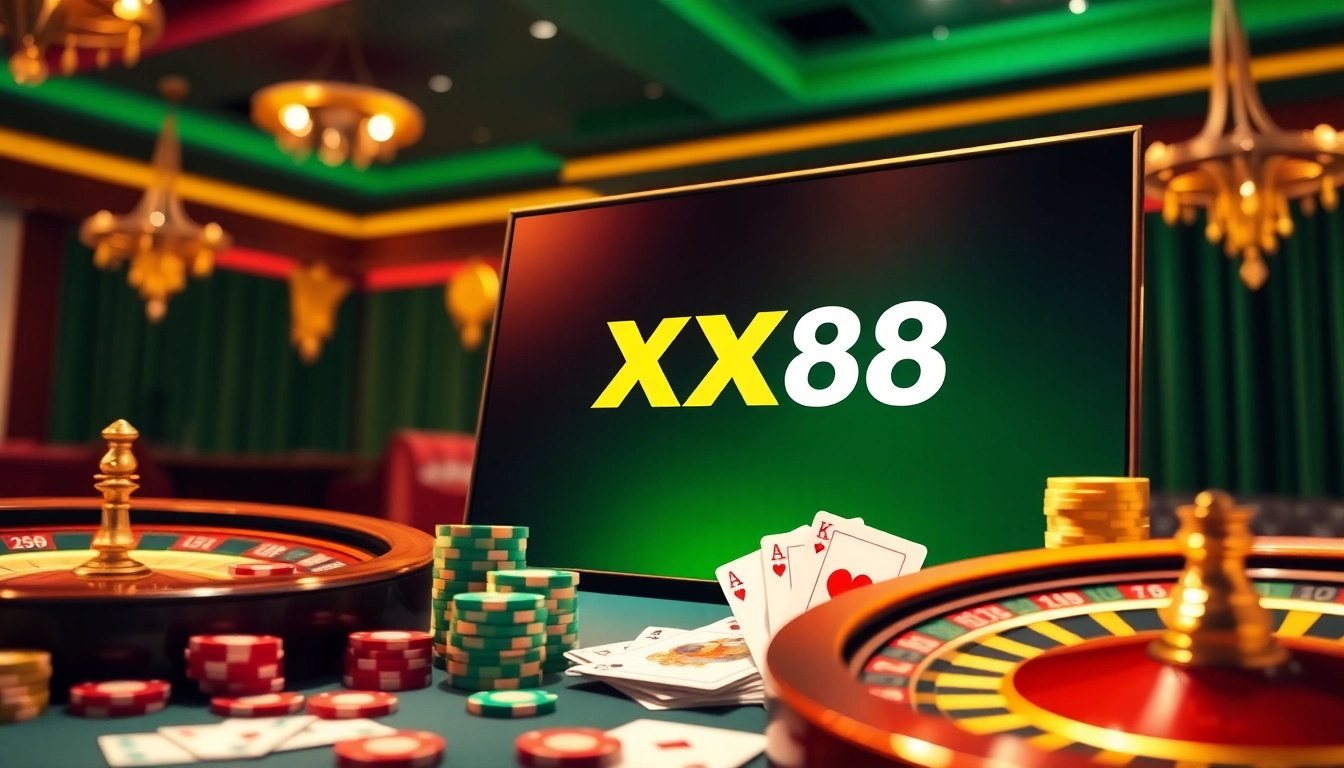 Engage with exciting online gaming at XX88 COM featuring poker chips and a roulette wheel.