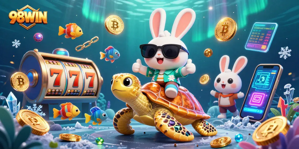 Engage in exciting jackpots at 98WIN, featuring a playful lucky rabbit and golden sea turtle.