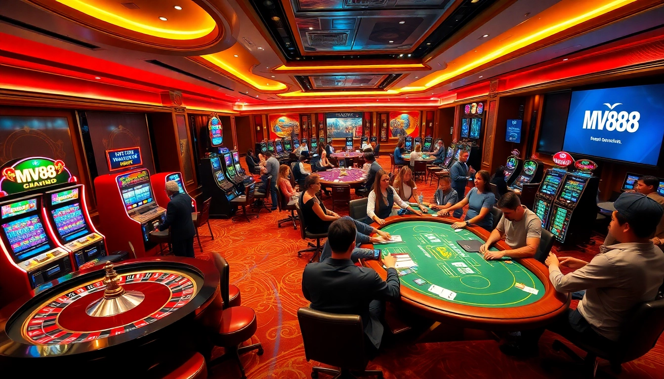 Exciting gambling scene at MV88 casino with roulette tables and eager players.