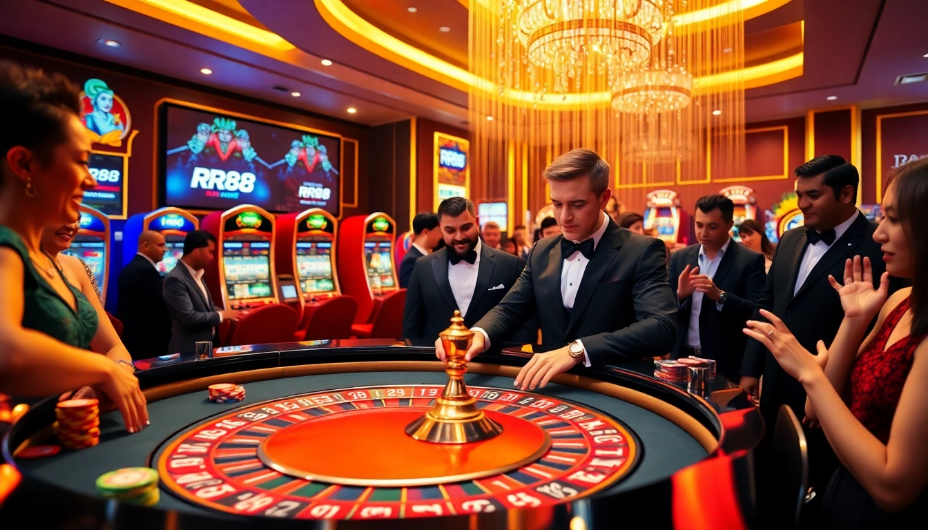 Players engaging with the exciting atmosphere of RR88 casino, showcasing roulette and vibrant slot machines.