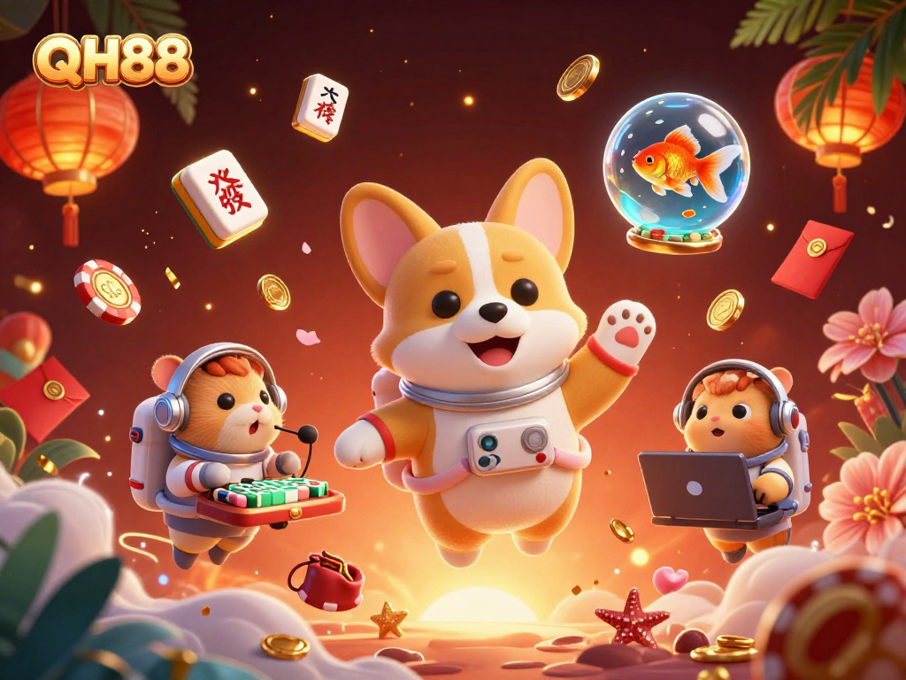 Engage with QH88's thrilling casino atmosphere featuring floating chips and fun characters.