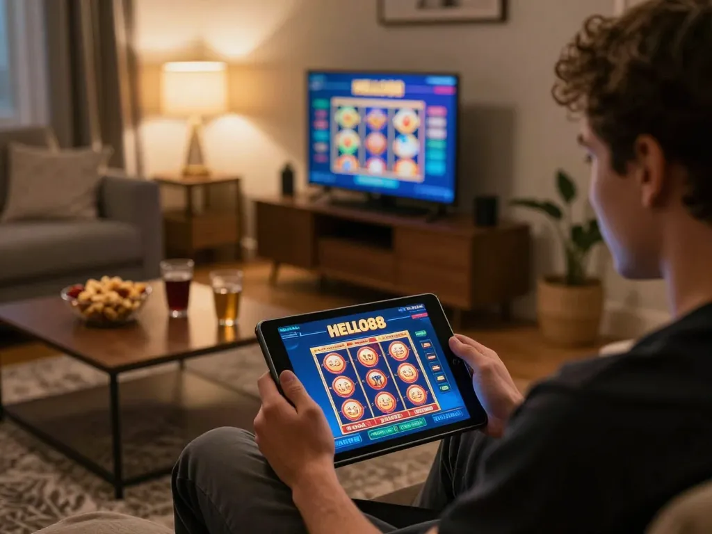 Engaging in online gaming on HELLO88 tablet showcasing slots in a cozy home environment.