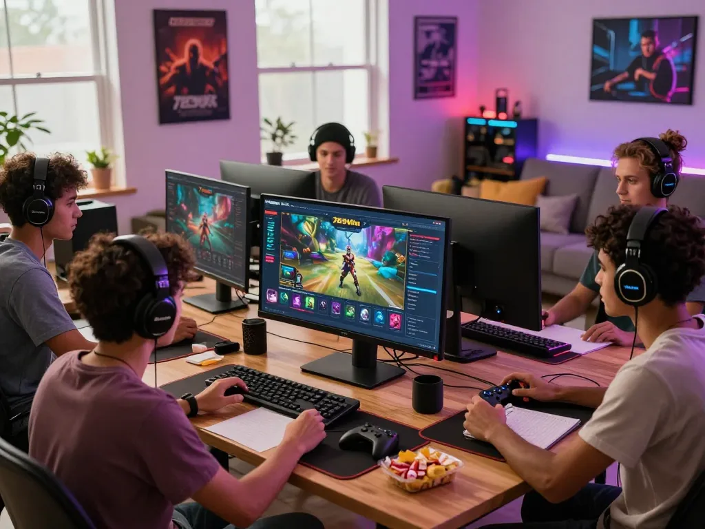 Social gaming scene featuring friends enjoying the 789Win platform, showcasing modern gaming peripherals and lively atmosphere.