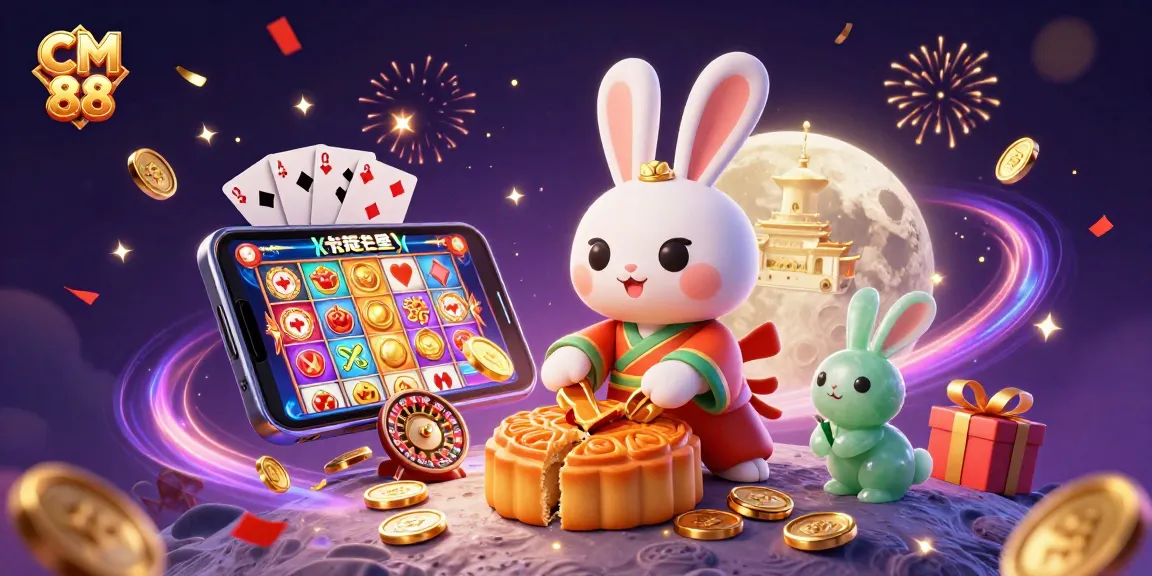 Experience excitement at CM 88 with a vibrant lunar casino scene featuring animated characters and gaming elements.