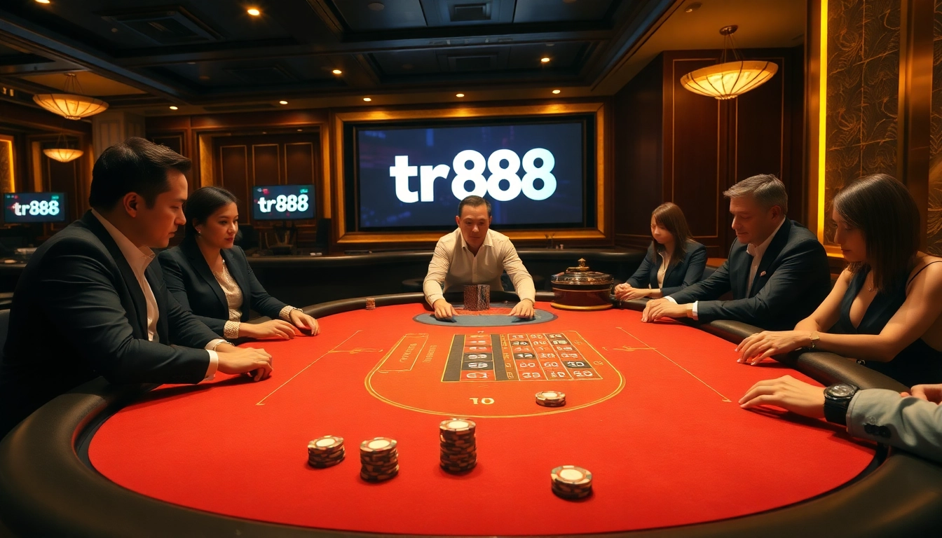 Players enjoying a high-stakes poker game at tr88 casino, showcasing excitement and strategy.